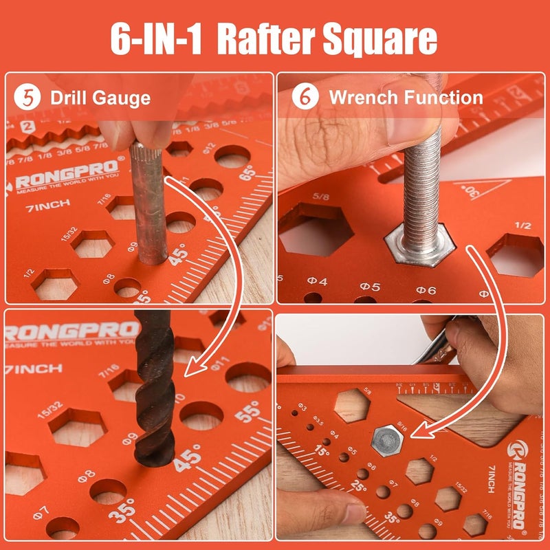 RONGPRO 6-in-1 Carpenter Square 7 inch, Aluminum Rafter Square, Multi-Purpose Carpenter Tools : Wrench, Square, Protractor, Ruler, Marking Gauge, Drill Gauge, Includes 2pcs Carpentry Pencil (Champange) - Image 4